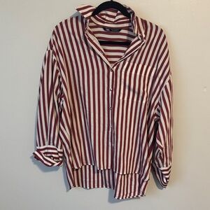 Zara Red and White Vertical Stripe Button-Down Shirt